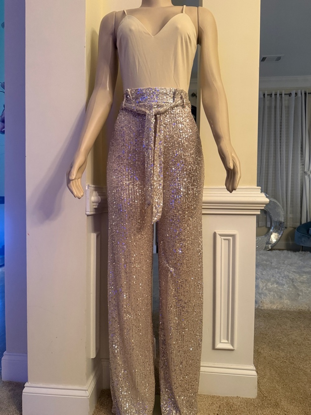 Fashion Nova Champagne Sequin Wide-Leg Pants with Self-Tie Belt